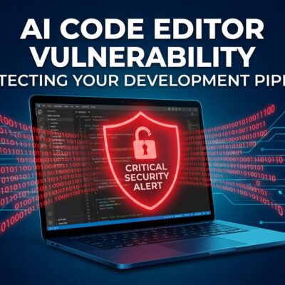 Cursor IDE vulnerability DuneSlide - critical RCE flaw via prompt injection showing broken padlock on code editor