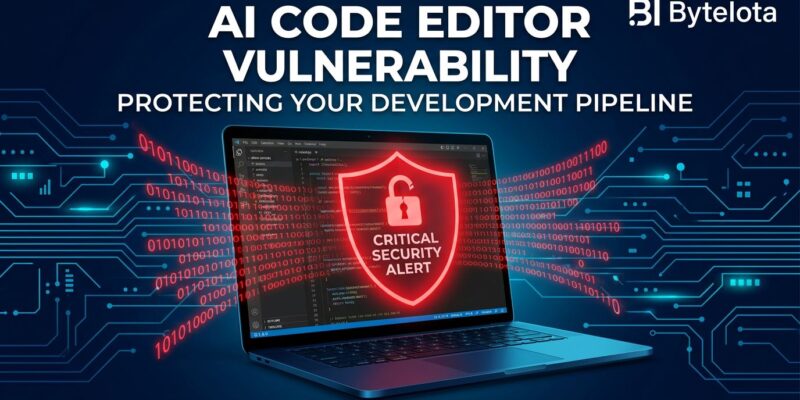 Cursor IDE vulnerability DuneSlide - critical RCE flaw via prompt injection showing broken padlock on code editor
