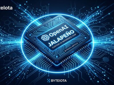 OpenAI Jalapeño custom inference chip with glowing blue circuit traces on dark background