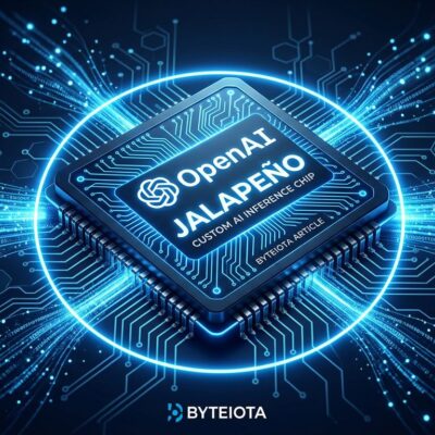 OpenAI Jalapeño custom inference chip with glowing blue circuit traces on dark background