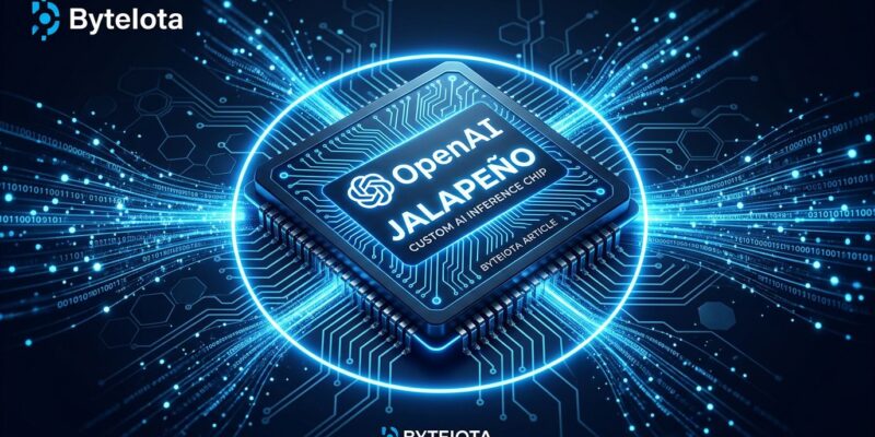OpenAI Jalapeño custom inference chip with glowing blue circuit traces on dark background