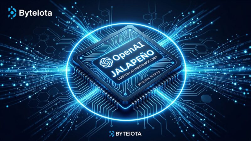 OpenAI Jalapeño custom inference chip with glowing blue circuit traces on dark background