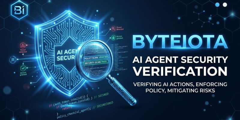 AI agent security verification concept showing a shield with circuit board patterns and magnifying glass examining code