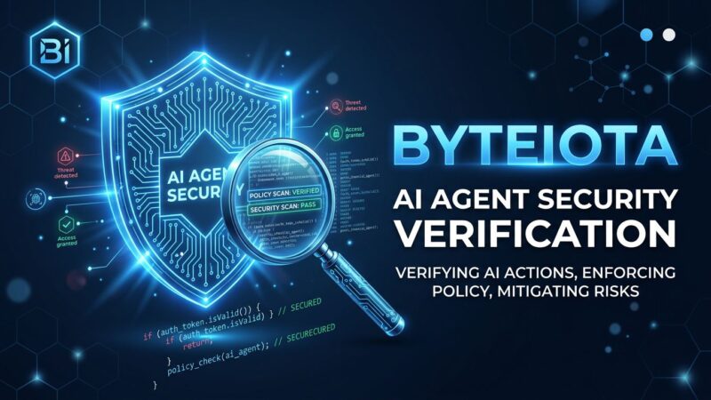 AI agent security verification concept showing a shield with circuit board patterns and magnifying glass examining code
