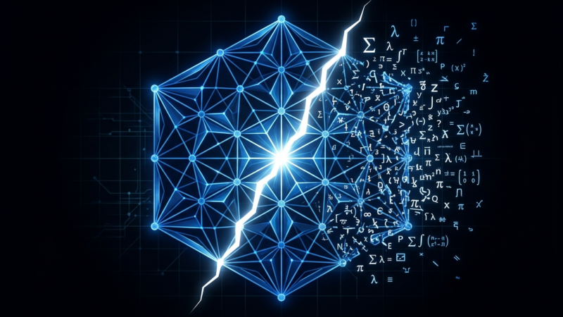 Abstract blue lattice structure split by a crack, representing HAWK post-quantum cipher vulnerability discovered by Claude AI