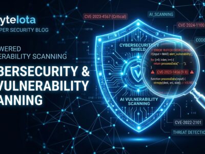 Glowing blue digital shield with magnifying glass revealing code vulnerabilities, representing Anthropic Project Glasswing AI security research