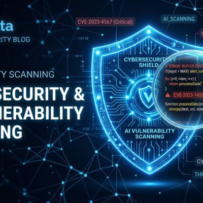 Glowing blue digital shield with magnifying glass revealing code vulnerabilities, representing Anthropic Project Glasswing AI security research