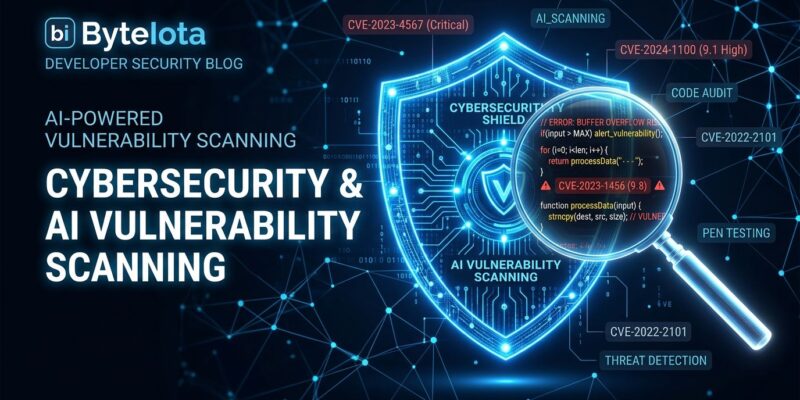 Glowing blue digital shield with magnifying glass revealing code vulnerabilities, representing Anthropic Project Glasswing AI security research