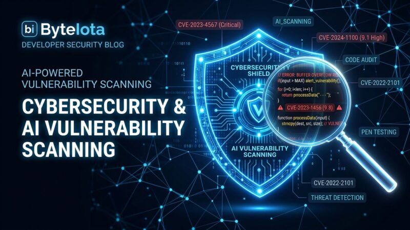 Glowing blue digital shield with magnifying glass revealing code vulnerabilities, representing Anthropic Project Glasswing AI security research