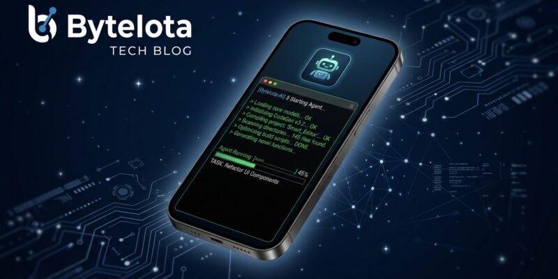 iPhone displaying Cursor AI coding agent terminal interface with blue circuit board background