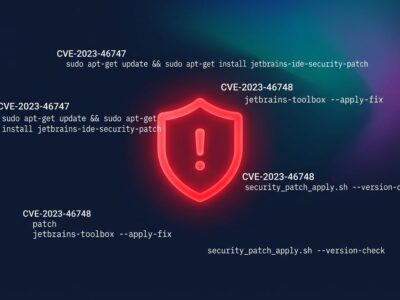 JetBrains security warning shield with CVE numbers and patch commands on dark blue background