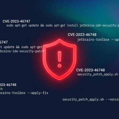 JetBrains security warning shield with CVE numbers and patch commands on dark blue background