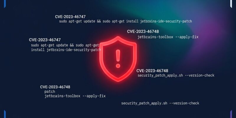 JetBrains security warning shield with CVE numbers and patch commands on dark blue background