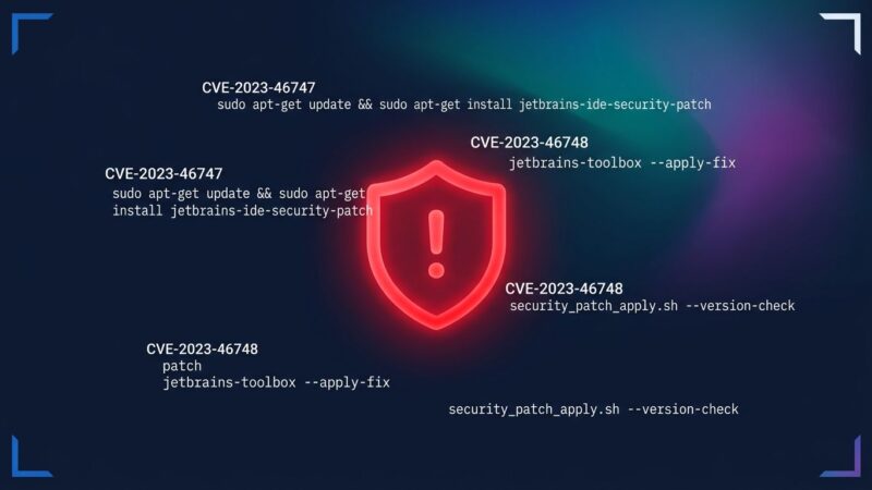 JetBrains security warning shield with CVE numbers and patch commands on dark blue background