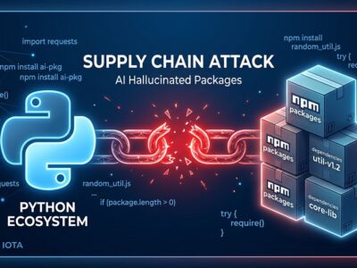AI coding agent hallucinating package names leading to supply chain attack — slopsquatting concept illustration