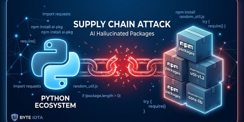 AI coding agent hallucinating package names leading to supply chain attack — slopsquatting concept illustration