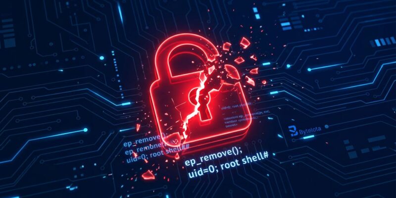 CVE-2026-46242 Bad Epoll Linux kernel privilege escalation vulnerability - red warning icon breaking apart over circuit board pattern on dark blue background