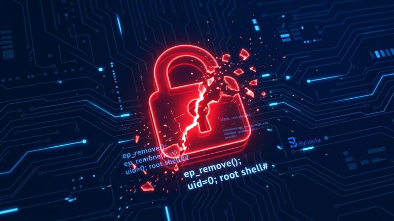 CVE-2026-46242 Bad Epoll Linux kernel privilege escalation vulnerability - red warning icon breaking apart over circuit board pattern on dark blue background