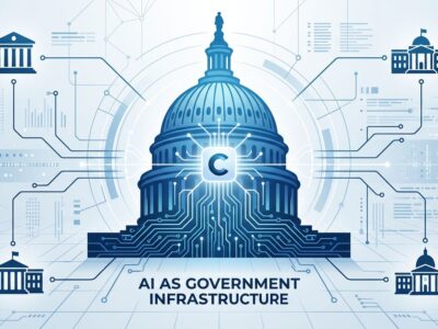 Capitol building dome transformed into circuit board with Claude AI symbol, representing AI as government infrastructure