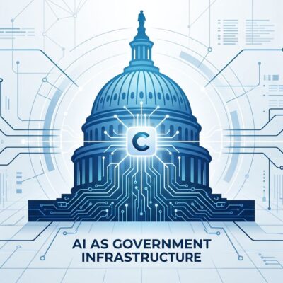 Capitol building dome transformed into circuit board with Claude AI symbol, representing AI as government infrastructure