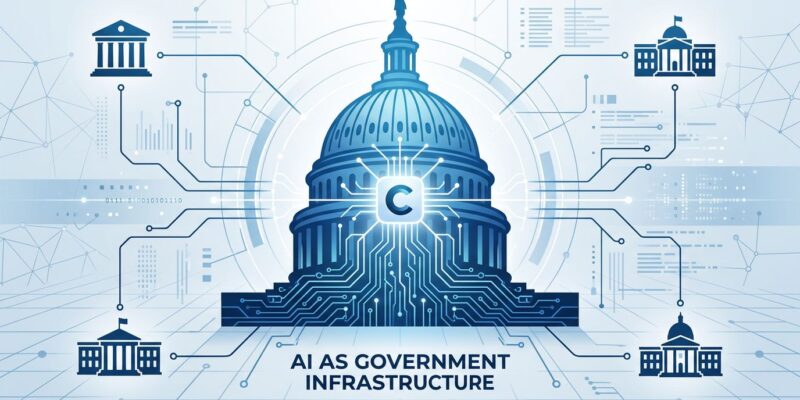 Capitol building dome transformed into circuit board with Claude AI symbol, representing AI as government infrastructure