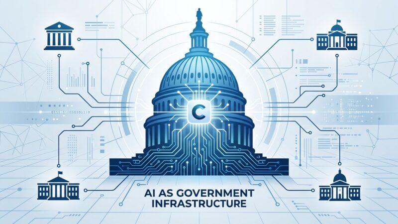 Capitol building dome transformed into circuit board with Claude AI symbol, representing AI as government infrastructure