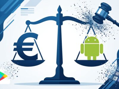 EU Court of Justice scales of justice with Android and Euro symbols representing Google antitrust ruling