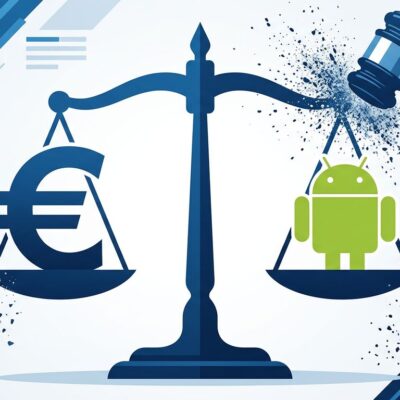 EU Court of Justice scales of justice with Android and Euro symbols representing Google antitrust ruling