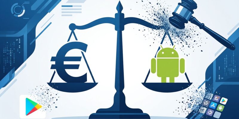 EU Court of Justice scales of justice with Android and Euro symbols representing Google antitrust ruling