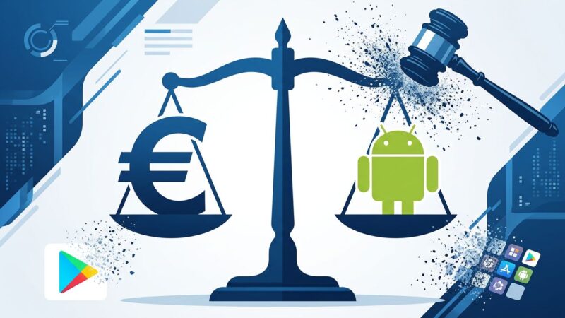 EU Court of Justice scales of justice with Android and Euro symbols representing Google antitrust ruling