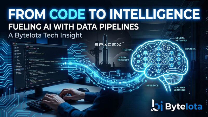 Developer coding session data flowing into Grok 4.5 AI model training pipeline with SpaceX ownership