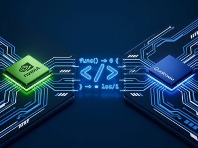 Circuit board illustration showing code bridging NVIDIA and Qualcomm chips, representing Mojo programming language hardware portability