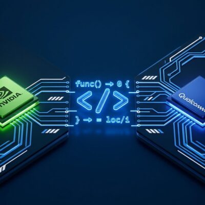 Circuit board illustration showing code bridging NVIDIA and Qualcomm chips, representing Mojo programming language hardware portability