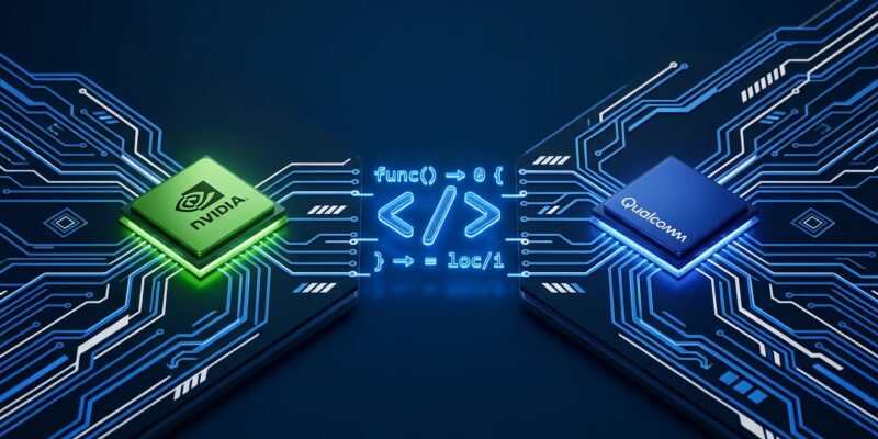 Circuit board illustration showing code bridging NVIDIA and Qualcomm chips, representing Mojo programming language hardware portability