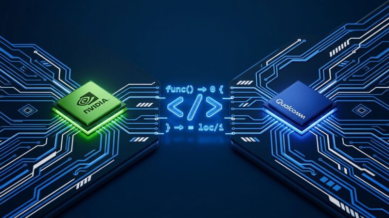 Circuit board illustration showing code bridging NVIDIA and Qualcomm chips, representing Mojo programming language hardware portability