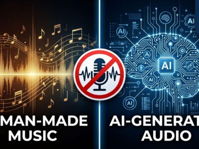 Split-screen illustration showing human music waveforms versus AI circuit patterns, representing TIDAL's AI music demonetization policy effective July 15 2026