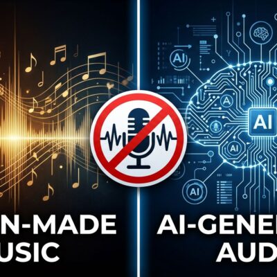 Split-screen illustration showing human music waveforms versus AI circuit patterns, representing TIDAL's AI music demonetization policy effective July 15 2026