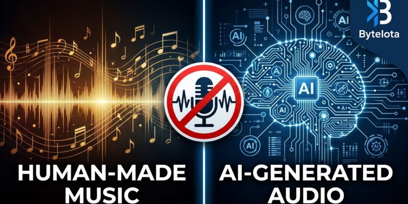Split-screen illustration showing human music waveforms versus AI circuit patterns, representing TIDAL's AI music demonetization policy effective July 15 2026