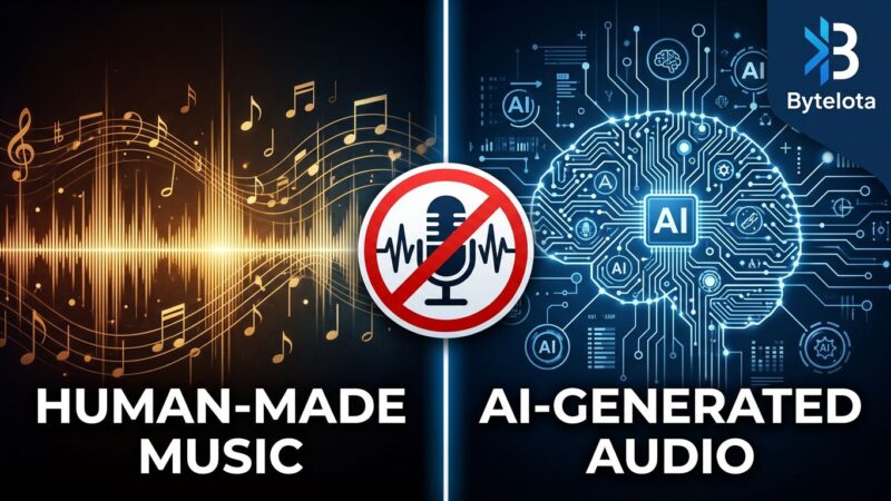 Split-screen illustration showing human music waveforms versus AI circuit patterns, representing TIDAL's AI music demonetization policy effective July 15 2026