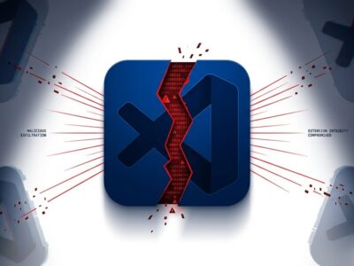 VS Code extension icon split by malicious data stream representing the Open VSX evil twin supply chain attack
