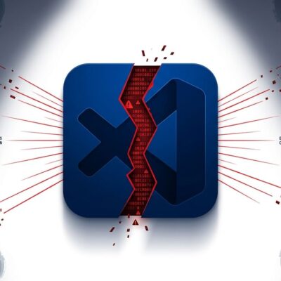 VS Code extension icon split by malicious data stream representing the Open VSX evil twin supply chain attack