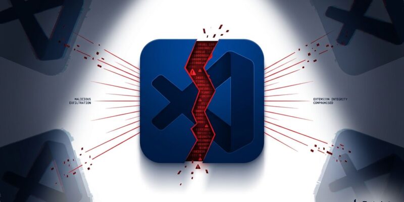 VS Code extension icon split by malicious data stream representing the Open VSX evil twin supply chain attack