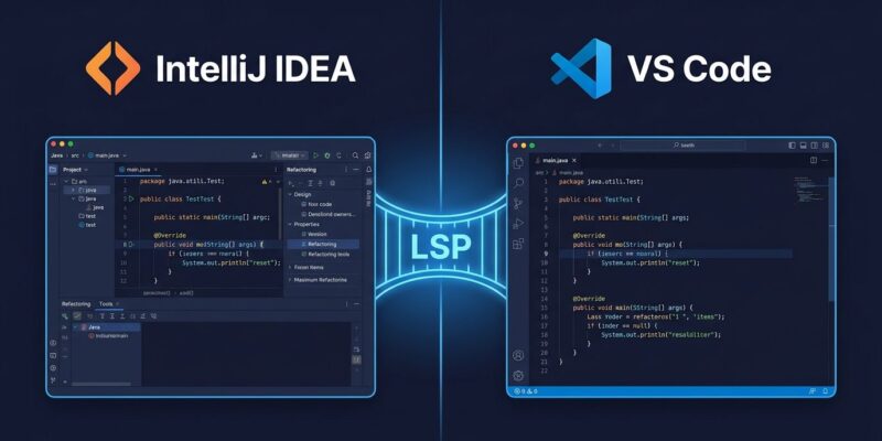 IntelliJ IDEA language intelligence bridging to VS Code via LSP protocol, showing the Java and Kotlin extension