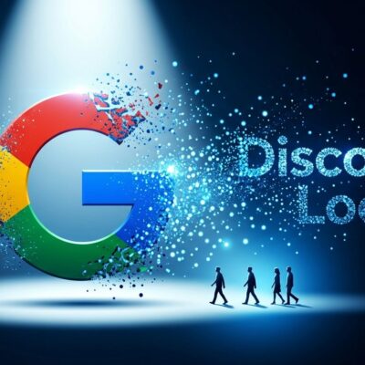 Conceptual illustration of Jeff Dean and colleagues departing Google to found Discovery Loop AI startup