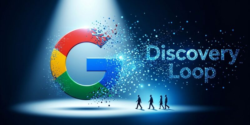 Conceptual illustration of Jeff Dean and colleagues departing Google to found Discovery Loop AI startup