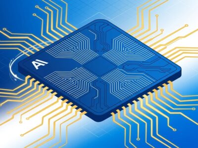 Custom silicon chip die with circuit traces representing Anthropic custom AI chip for Claude inference workloads