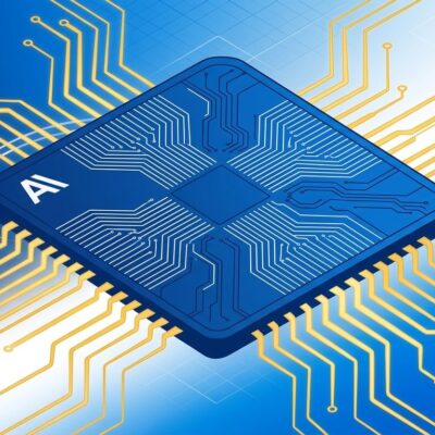 Custom silicon chip die with circuit traces representing Anthropic custom AI chip for Claude inference workloads