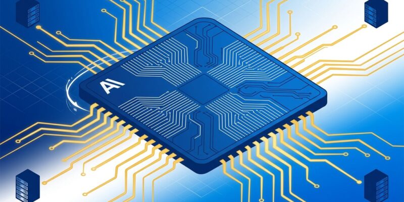 Custom silicon chip die with circuit traces representing Anthropic custom AI chip for Claude inference workloads