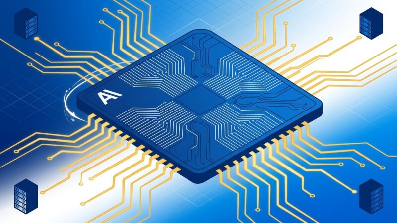 Custom silicon chip die with circuit traces representing Anthropic custom AI chip for Claude inference workloads