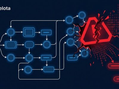 AI pipeline network diagram showing CVE-2026-9198 exploit chain attack on Langflow with red security warning overlay